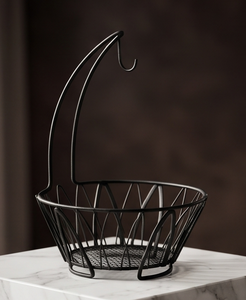 Cesta moderna negra de alambre para frutas con gancho para colgar plátanos, tazón de metal abierto, soporte para encimera de cocina - Product Image 2