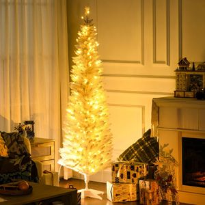 Albero di Natale Artificiale Noble Fir Sottile Pre-Illuminato Alto 1,8 m con 200 Luci LED Bianco Caldo e 390 Punte Decorazione Natalizia - Product Image 1
