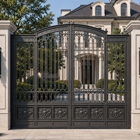 Portail classique en fer forgé noir, double porte cintrée, portail d'entrée de villa, portail de sécurité avec barres métalliques décoratives