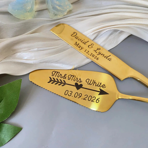 Juego de Cuchillo y Servidor de Pastel de Acero Inoxidable de Alta Calidad con Diseño de Mango con Corte Dorado Hecho a Mano para Bodas - Product Image 5
