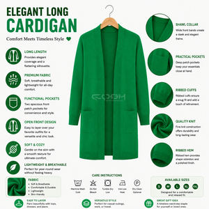 Cardigan long en acrylique vert pour femme, style décontracté, col en V, avec poches, ouverture sur le devant, de la sororité Cosh International. - Product Image 6