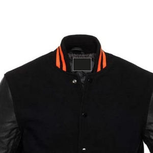 Veste varsity noire pour homme avec manches en cuir et bordure orange, coupe classique, vêtement décontracté pour l'automne - Product Image 2
