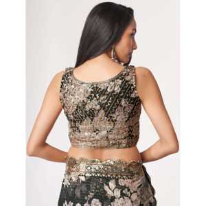 Sorprendente Sari de organza con estampado floral negro con blusa - Product Image 1