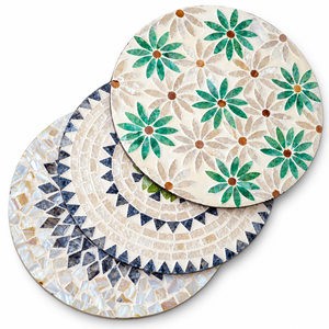 MDF Marble Mosaic <b>Coaster</b> Set of 3 with <b>Cork</b> Backing | Round Floral Drink Mats for Tea Coffee Cups Dining Table Home Decor Gift - Product Image 1