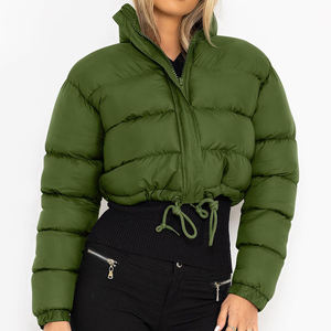 Women's Olive Green Quilted <b>Puffer</b> <b>Jacket</b> With Zipper Closure And Drawstring Waist Winter Coat Short Length Full Sleeve - Product Image 4