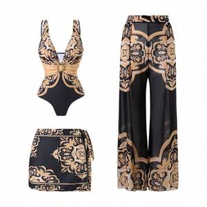 TR-SW-015 Premium Black & Gold Baroque Print One-Piece Women's <b>Swimsuit</b> with Elegant Ring Detail & Matching <b>Wrap</b> Skirt - Product Image 5