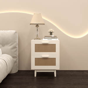 Comodino in Legno con 2 Cassetti Decorati in Finto Rattan, Tavolino Laterale con Spazio di Archiviazione per il Letto - Product Image 1