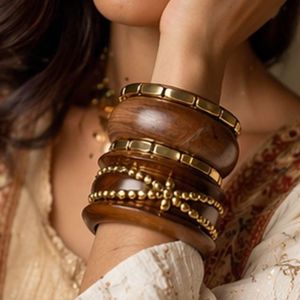 Rizir Fashion Handmade Wooden <b>Bangle</b> <b>Set</b> Zinc Alloy Stackable Geometric Christian Bohemian 14K <b>Gold</b> Plated Women's Bulk - Product Image 2