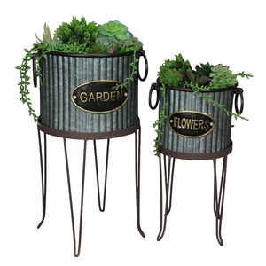 Set of 2 Corrugated Galvanized Metal Garden Planters with <b>Wire</b> Stands Large Farmhouse Style Round Iron <b>Flower</b> Pots for Indoor - Product Image 1