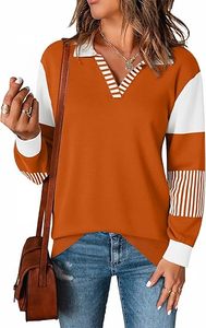 Suéteres holgados de manga larga con cuello en V, suéteres de punto a rayas con bloques de color, tops tipo jersey - Product Image 1