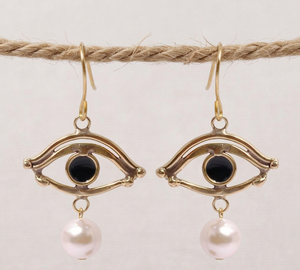 Pendientes de latón hechos a mano con forma de ojo, modernos, con esmalte negro, pupilas, gotas de perlas de agua dulce, revestimiento protector resistente al deslustre, regalo - Product Image 5