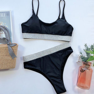 Conjunto de Bikini Morado para Mujer, Top Bandeau, Braguita Tanga, Ribete en Contraste, Secado Rápido, Traje de Baño de Color Sólido, Spandex y Nailon - Product Image 5
