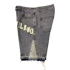 Men’s Black Grey Denim Shorts Lettering Loose Fit Knee Length Baggy Jean Hem Casual Streetwear Summer Fashion - Product Image 5