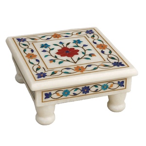 Mandir Floral Rectangular Decorativo de Mármol Blanco Ecológico Hecho a Mano con Incrustaciones Art Deco para Diwali, con Soporte de Suelo para Mesa de Puja - Product Image 1