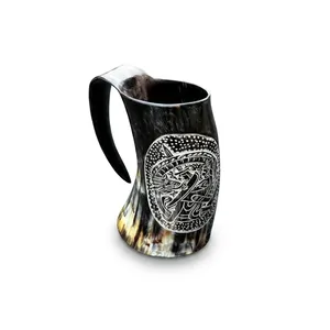 Mug à boire en corne fait main, forme naturelle, thème animal sculpté, objet d'art de collection, durable, grain rayé poli - Product Image 3