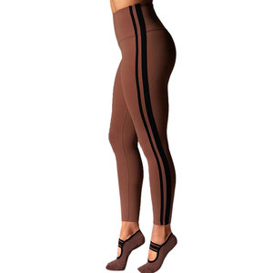High Waist Full Length Yoga <b>Leggings</b> With <b>White</b> Side Stripe Contrast Stitch Four-Way Stretch Seamless Workout Pants - Product Image 6