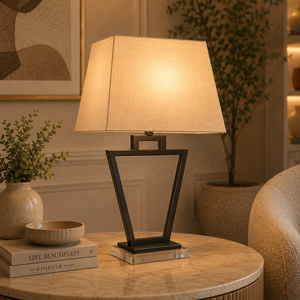 Trapezo Elite Metal Table Lamp with Open <b>Geometric</b> Iron Base Premium Fabric <b>Shade</b> Warm Ambient <b>Lighting</b> for Modern Interiors - Product Image 1