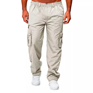 Casual 100% Cotton Lightweight Straight Cargo Pants Mid Waist Button Fly Elastic Waist Flat Front Style Plain Dyed Oxford Fabric - Product Image 2