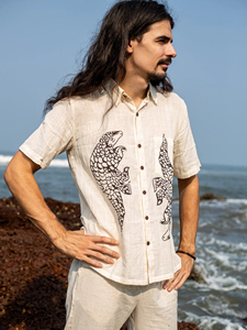 Camisa Casual de Manga Corta para Hombre con Motivo de Pangolín Estampado a Mano en Algodón Khadi, Camisa Premium Transpirable de Algodón Khadi Hilado a Mano - Product Image 5