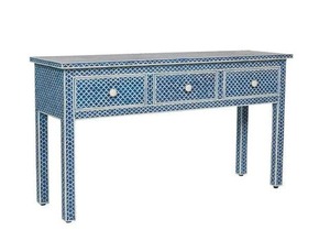 Table console moderne bleue géométrique avec incrustations en os, écologique, trois tiroirs, meuble de rangement pour entrée, pièce décorative d'appoint - Product Image 1