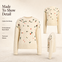 Pull en maille torsadée personnalisé pour femme, décontracté, brodé floral, col rond ample, vintage, beige, pour l'hiver, usage quotidien