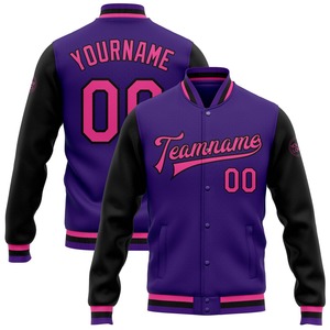 Custom <b>Purple</b> Pink Black <b>Varsity</b> Letterman <b>Jacket</b> Wholesale Two Tone Full Snap Bomber Unisex College Team Fashion Sport Coat - Product Image 1