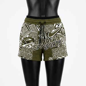 Shorts de mujer de lujo, 290 GSM, algodón y poliéster, color oliva, estampado abstracto, tela transpirable, logotipo personalizado por sublimación. - Product Image 4