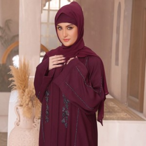 Women Solid Color Round Neck Long Sleeve Loose Fit Polyester <b>Abaya</b> Floor Length Modest Dress Beaded Embroidery Middle East Style - Product Image 5