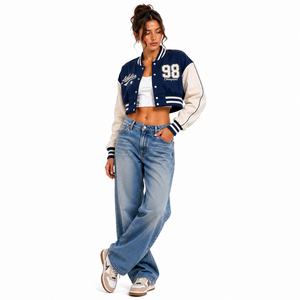 Blue White Denim Vintage Varsity <b>Jacket</b> Embroidered <b>Star</b> 23 Number Crop Length Regular Sleeve Turn-down Collar Unisex Casual - Product Image 5