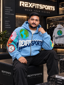REXFITSPORTS 2026 <b>Men</b>’s Sky Blue Zip Up Streetwear Hoodie Custom Graphic Embroidery <b>Fleece</b> <b>Jacket</b> with Earth Patch Sleeve Design - Product Image 6