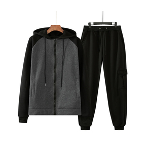 Ensemble de survêtement unisexe gris et noir à capuche, manches longues, fermeture éclair, couleur unie, décontracté, respirant, poids moyen, pour l'automne - Product Image 1