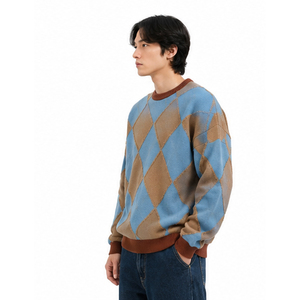 2026 Men's Blue <b>Brown</b> Argyle Knitted Sweater Pullover Regular Sleeve Autumn Wear 100% Acrylic Spliced Design - Product Image 5