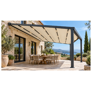 Pérgola Retráctil de Tela con Revestimiento de PVC de WISE COMPANY, Iluminación LED Motorizada Ajustable, Ecológica, para Restaurantes al Aire Libre - Product Image 1
