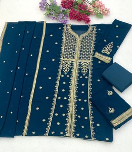 Élégant ensemble Salwar en coton bleu marine brodé avec dupatta, tenue traditionnelle indienne et pakistanaise, coupe ample longue pour femme - Product Image 2