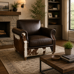 Fauteuil club Chesterfield en cuir véritable avec dossier capitonné classique, accoudoirs roulés, pieds en bois massif, marron, pour salon - Product Image 1