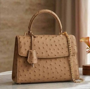 Bolso de Piel de Avestruz Beige, Personalizado, Clásico, para Mujer, de Cuero Genuino, de Lujo, con Asa Superior, Bolsillo para Teléfono Celular, Portátil - Product Image 4