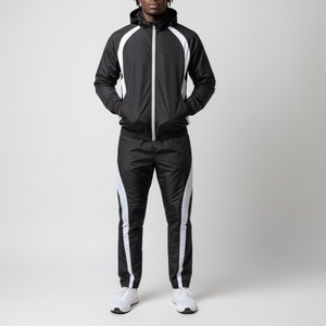 Ensemble de survêtement pour homme à rayures noires et blanches avec capuche, veste coupe-vent à fermeture éclair intégrale et pantalon, sportif, décontracté, séchage rapide, en polyester - Product Image 2