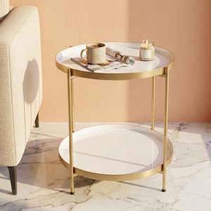 Table basse moderne en cuivre et bois avec étagère de rangement en fer, design industriel, pour salon - Product Image 2