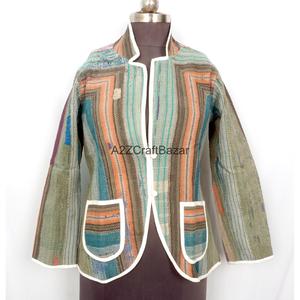 Indian Bohemian <b>Kantha</b> Vintage Breathable Eco-Friendly Knitted Cotton Regular Length Ladies Autumn Winter <b>Jacket</b> - Product Image 1