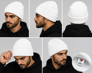 Bonnet unisexe blanc en tricot 100 % acrylique, couleur unie, style décontracté, chaud pour l'hiver, broderie style urbain, taille 56-58 cm - Product Image 4
