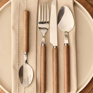 Ensemble de couverts en acier inoxydable de qualité supérieure avec manche en bois, cuillère, fourchette, couteau, collection élégante de vaisselle de table - Product Image 1