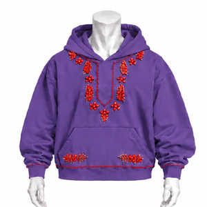 Violet <b>Purple</b> Indus Embroidered <b>Hoodie</b> Decorative Floral Needlework Kangaroo Pocket Relaxed Fit Casual Winter Streetwear - Product Image 1