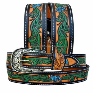 Ceinture d'outillage à la main en cuir Western design coloré en relief floral ceinture en cuir usiné à boucle occidentale pour cow-boy - Product Image 5
