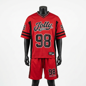 ชุดเสื้อฟุตบอลและกางเกงขาสั้นผ้าโพลีเอสเตอร์ตาข่ายพรีเมียม 200 GSM สีแดงดำตัดกัน พร้อมโลโก้แบบกำหนดเองสำหรับผู้ชาย - Product Image 3