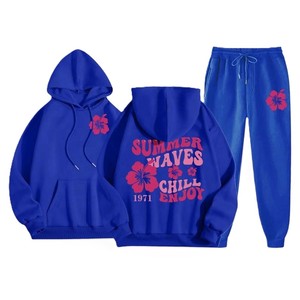 Ensemble sweat à capuche et pantalon de survêtement rose pour femme avec imprimé floral motif vagues estivales, coupe décontractée ample, manches longues, fermeture à cordon - Product Image 4