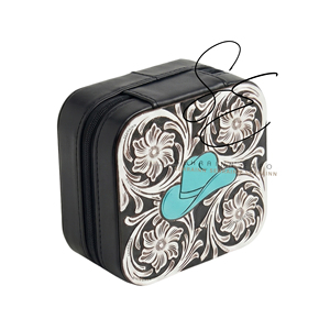 SEHRAINN Caja de Joyería de Cuero Hecha a Mano con Diseño de Sombrero de Vaquero de Terciopelo, Negra, Vintage, Portátil y Segura, Organizador para Collares, Anillos y Pendientes - Product Image 1
