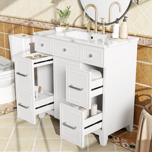Mobile Bagno in Legno Massello Bianco da 36 Pollici con Lavabo in Ceramica, Ante con Chiusura Ammortizzata, Ripiani Regolabili, 3 Cassetti e Doppio Spazio di Archiviazione - Product Image 2