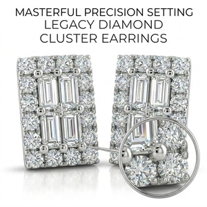 Boucles d'oreilles en or massif 18 carats avec diamants, clous rectangulaires en grappe, taille baguette et taille rond, bijoux - Product Image 2