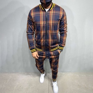 2021 Latest Style Men's Check Print Sublimated Bomber <b>Jacket</b> Tracksuit Zip Enclosure Ribbed Hem & Cuffs Stripe Zipper Sweat Suit - Product Image 3