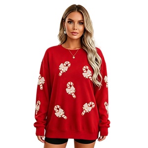 Sweat-shirt rouge surdimensionné à col rond, imprimé pailleté canne à sucre, pull tricoté unisexe, vêtement décontracté d'hiver - Product Image 1